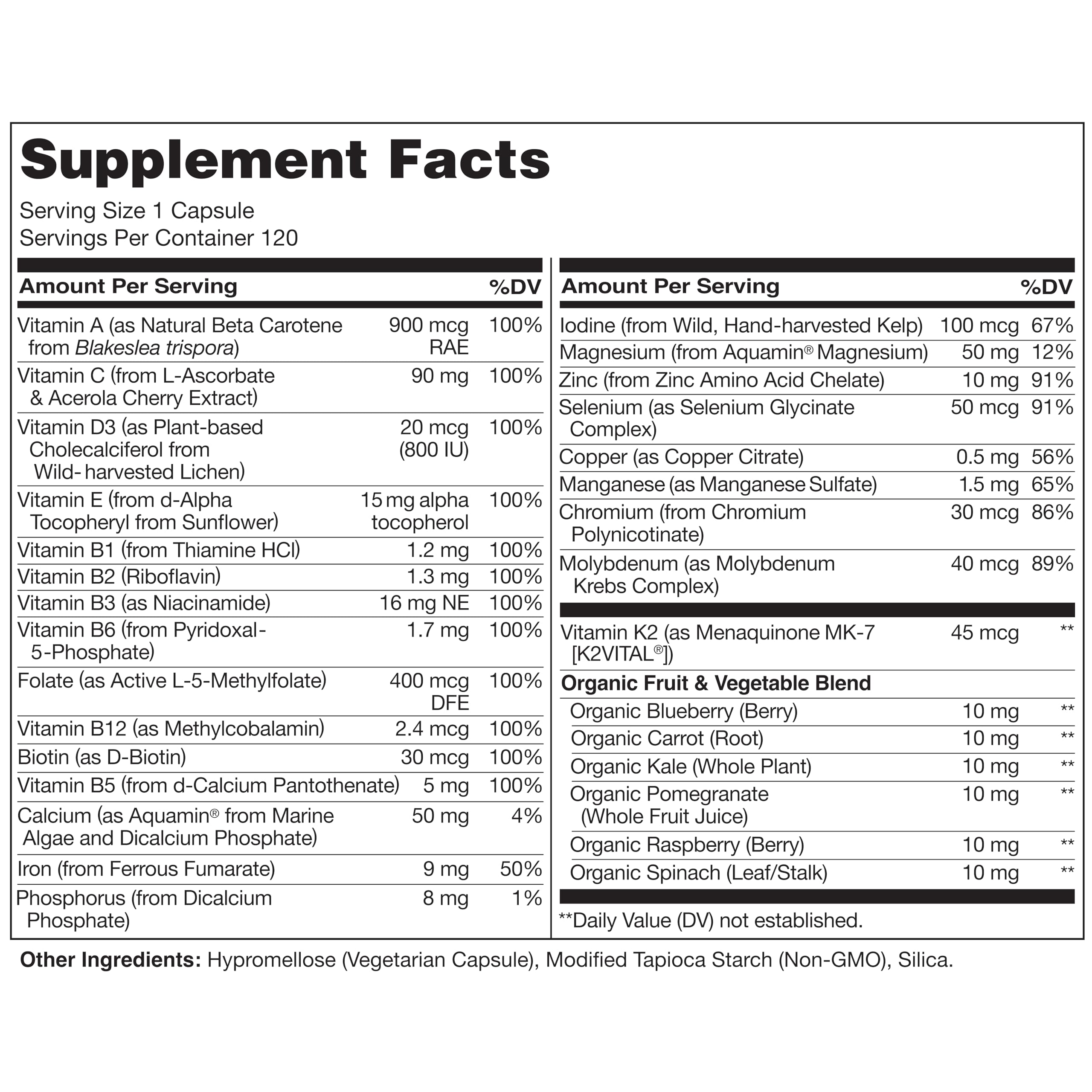 Back label of NATURELO one daily multivitamin for women highlighting the twenty four essential vitamins and minerals.