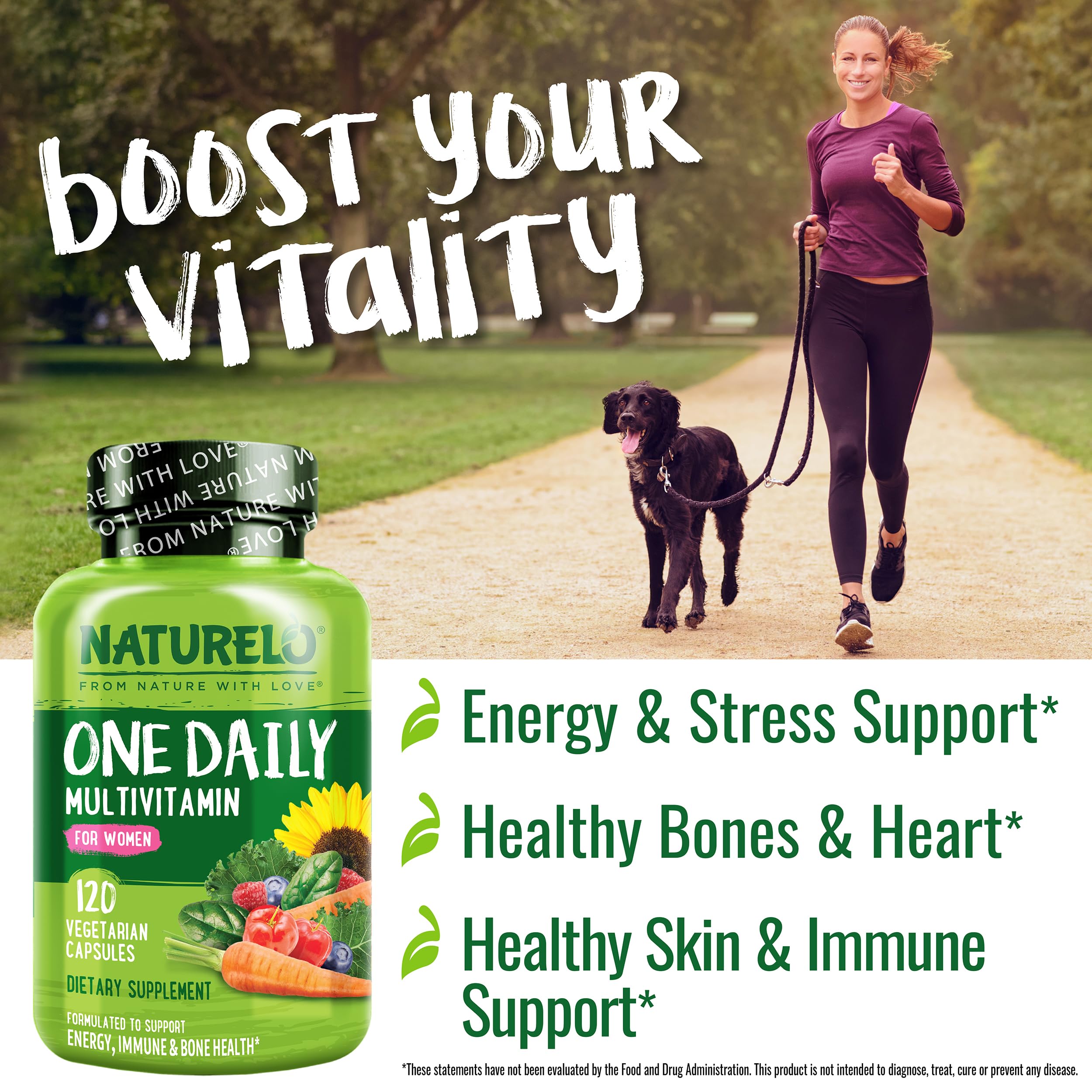 Close up view of the non GMO and gluten free capsules inside the NATURELO women's daily supplement bottle.