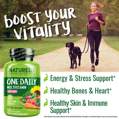 Close up view of the non GMO and gluten free capsules inside the NATURELO women's daily supplement bottle.