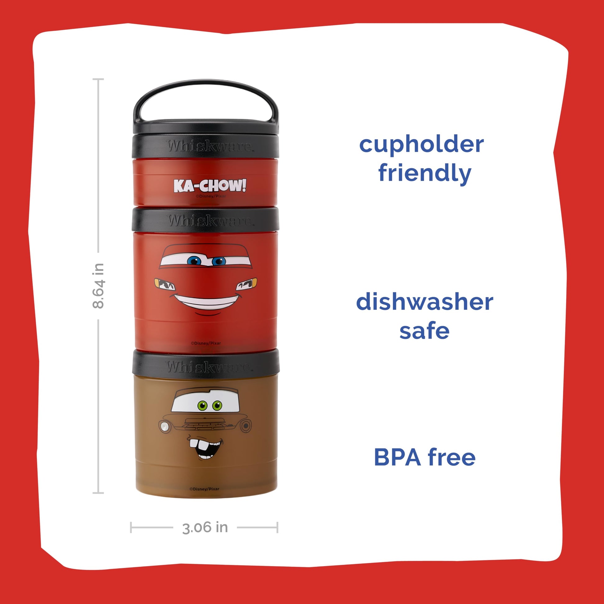 Whiskware stackable snack cups showing Lightning McQueen design