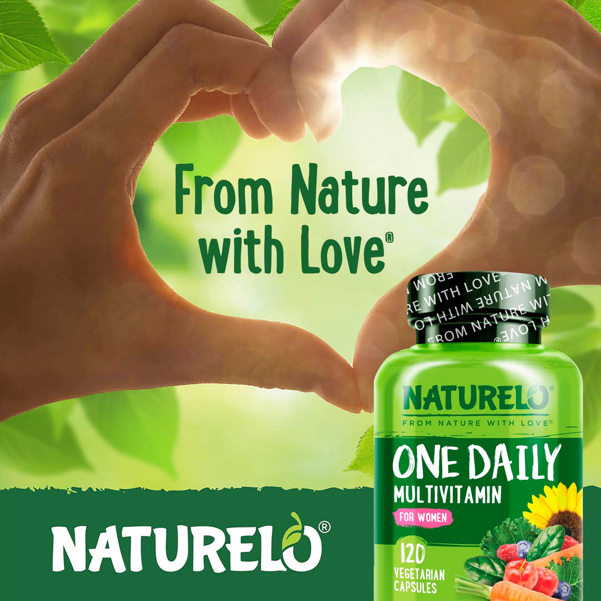 NATURELO premium women's multivitamin bottle showing explicit usage instructions for the four month supply.