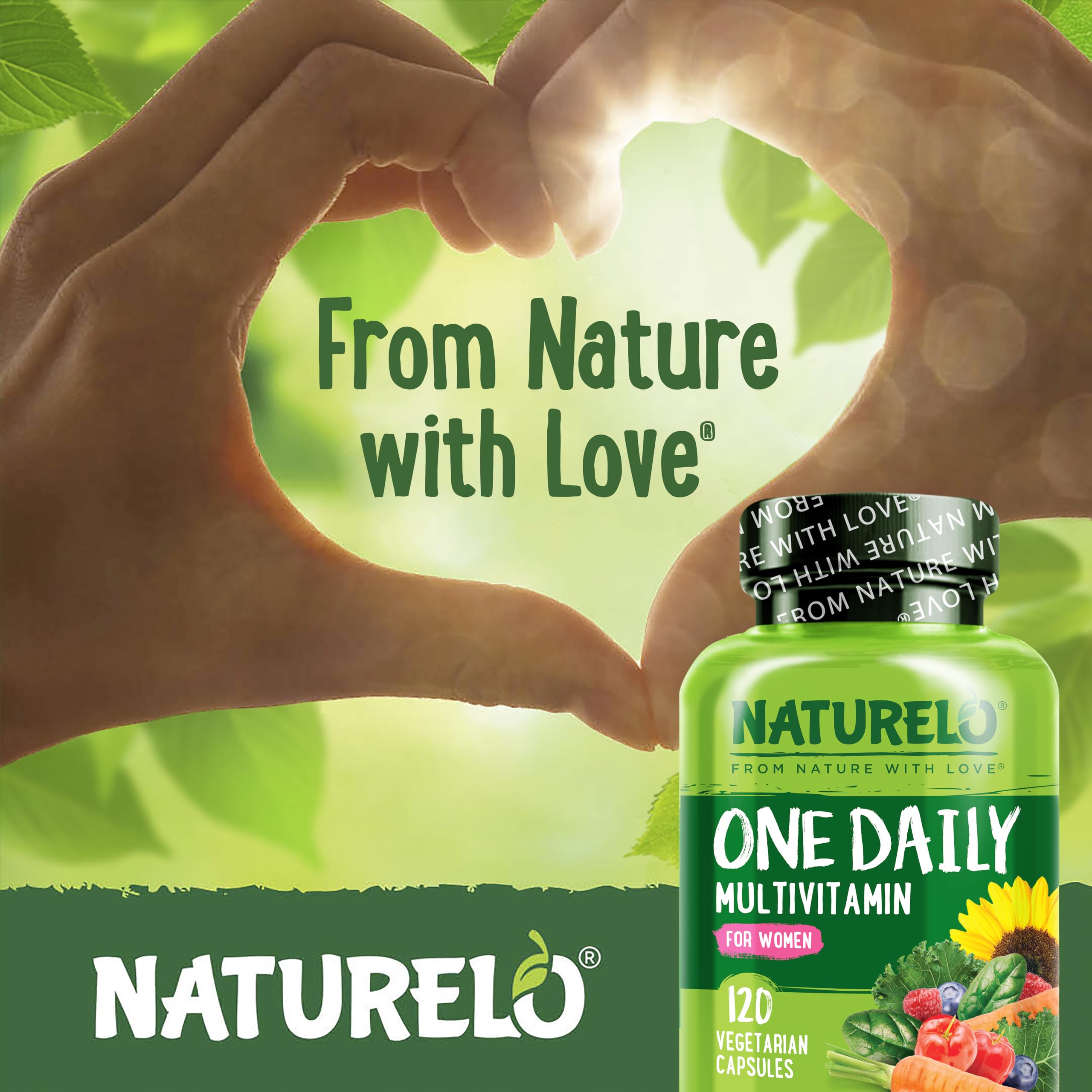 NATURELO premium women's multivitamin bottle showing explicit usage instructions for the four month supply.