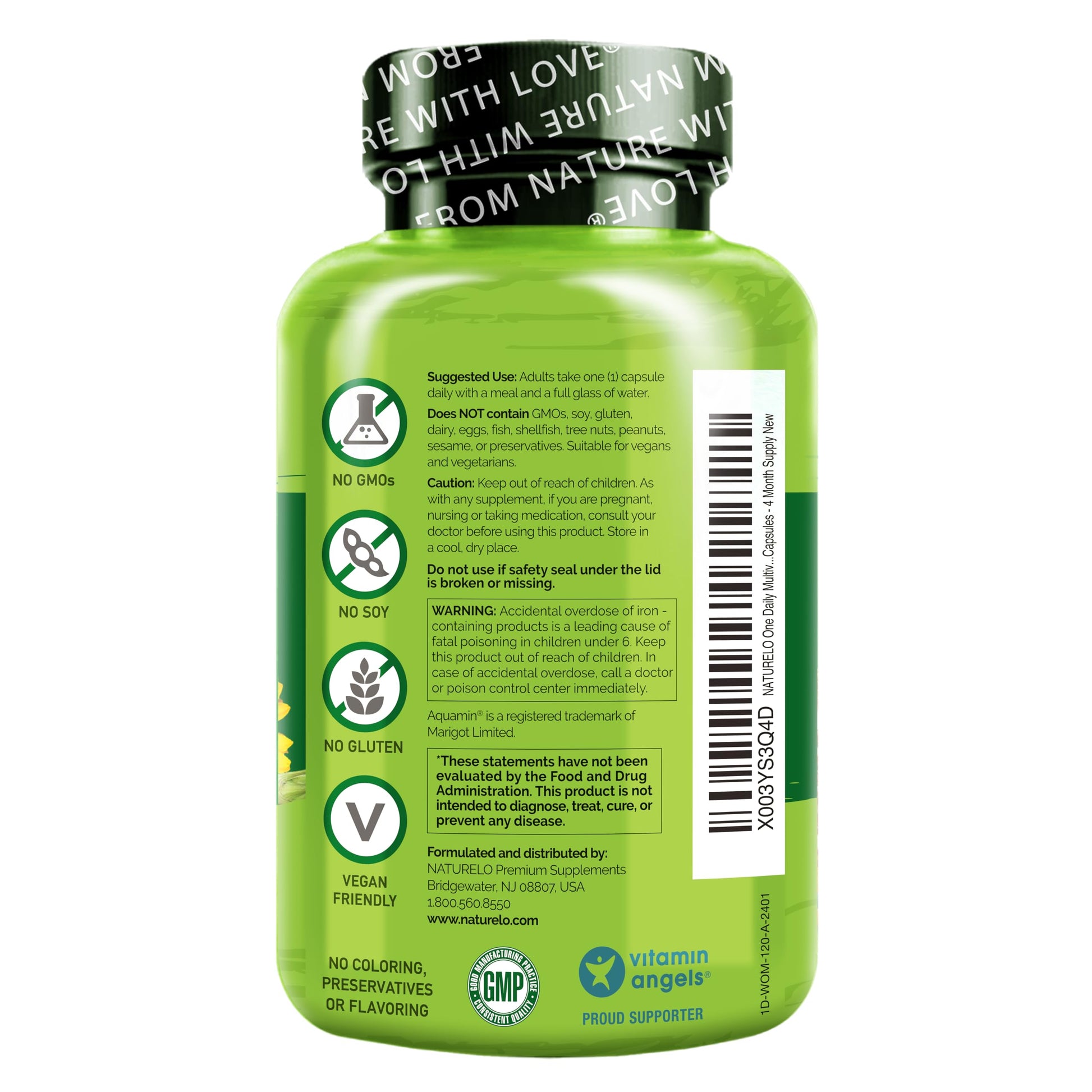 Top view of the secure green cap on the authentic USA imported NATURELO one daily multivitamin packaging.