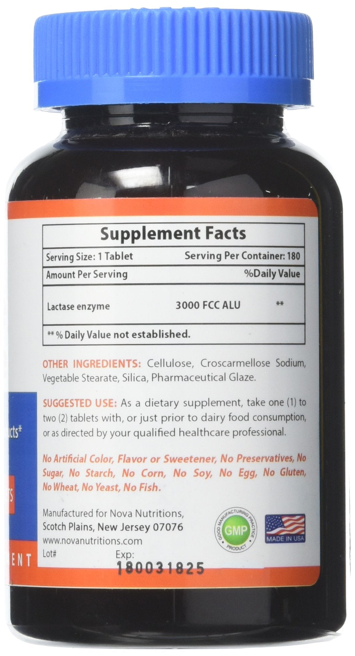 Nova Nutritions Lactase Enzyme digestive supplement bottle showing supplement facts and ingredient list details