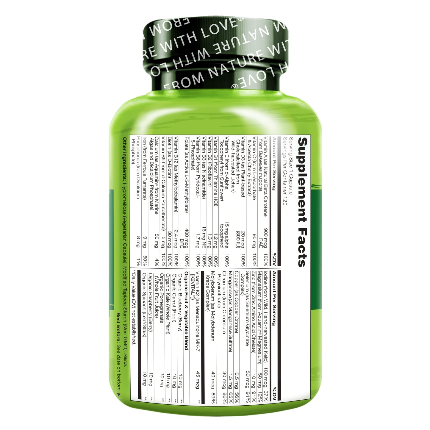 NATURELO women's multivitamin 120 count container displayed next to fresh ingredients representing its organic food formula.