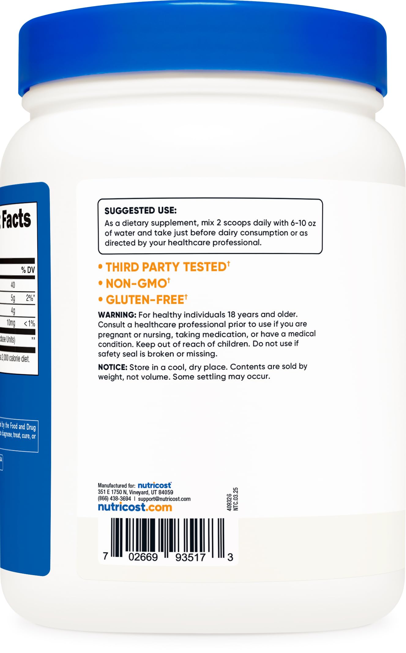 Close up view of premium non GMO lactase powder digestive support product packaging
