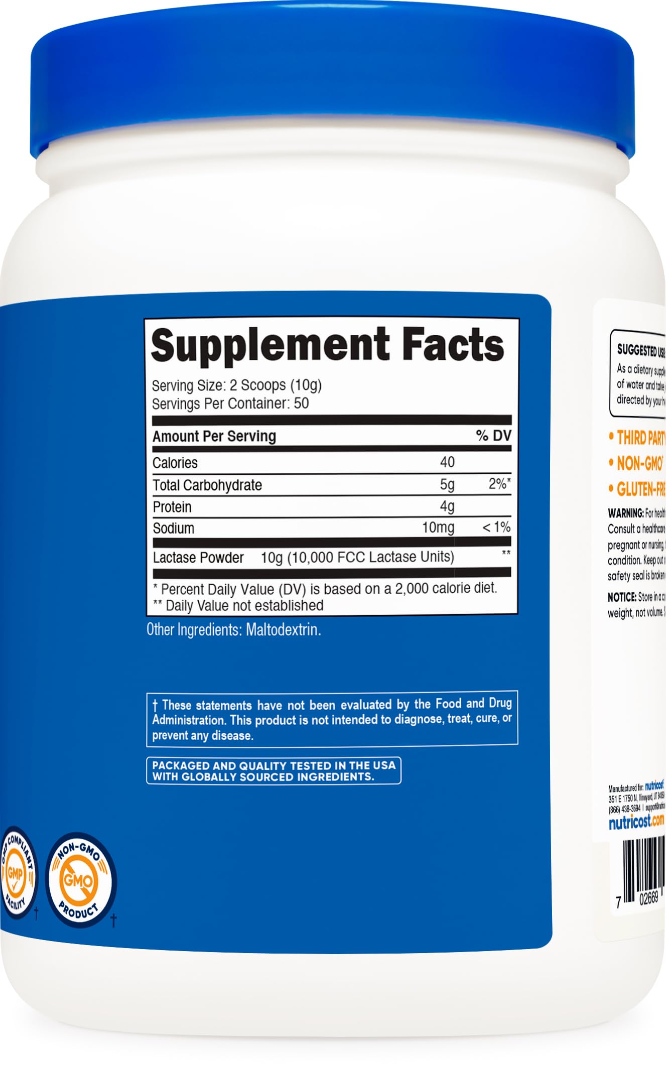 Nutricost lactase powder 500g bottle highlighting third party tested and GMP compliant manufacturing seals