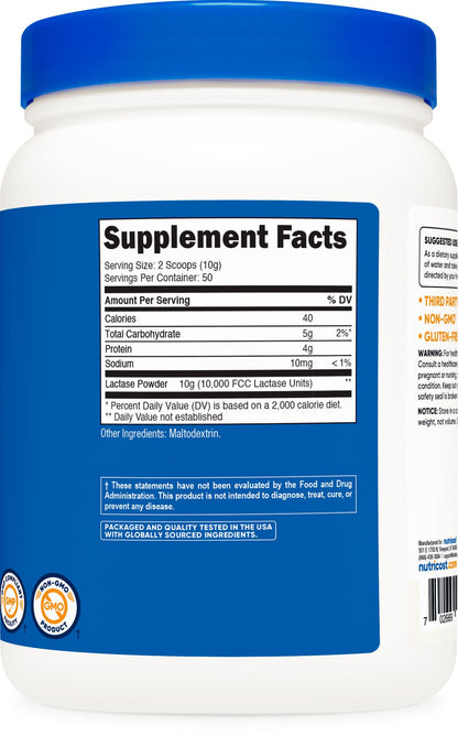 Nutricost lactase powder 500g bottle highlighting third party tested and GMP compliant manufacturing seals