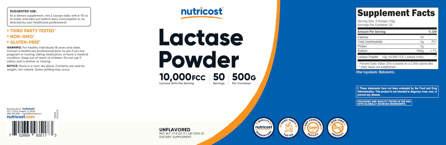Authentic USA imported Nutricost lactase enzyme powder container for dairy digestion comfort