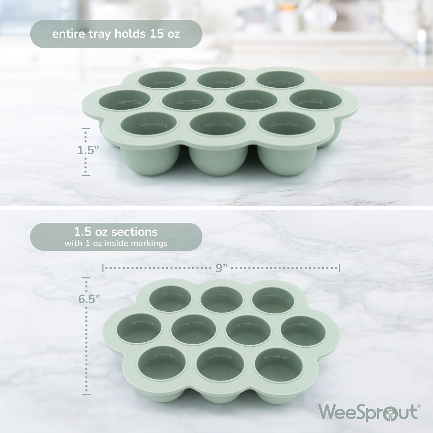 Close up of flexible silicone compartments in WeeSprout freezer tray