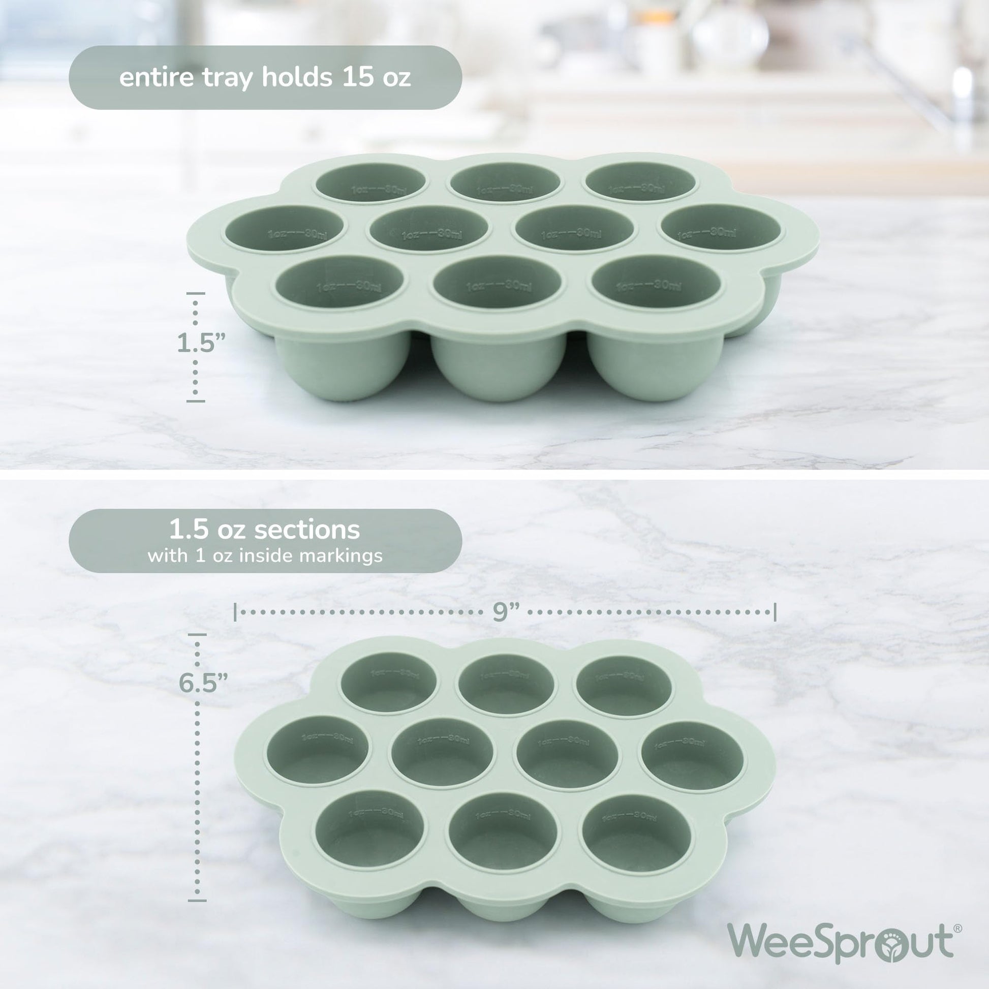 Close up of flexible silicone compartments in WeeSprout freezer tray