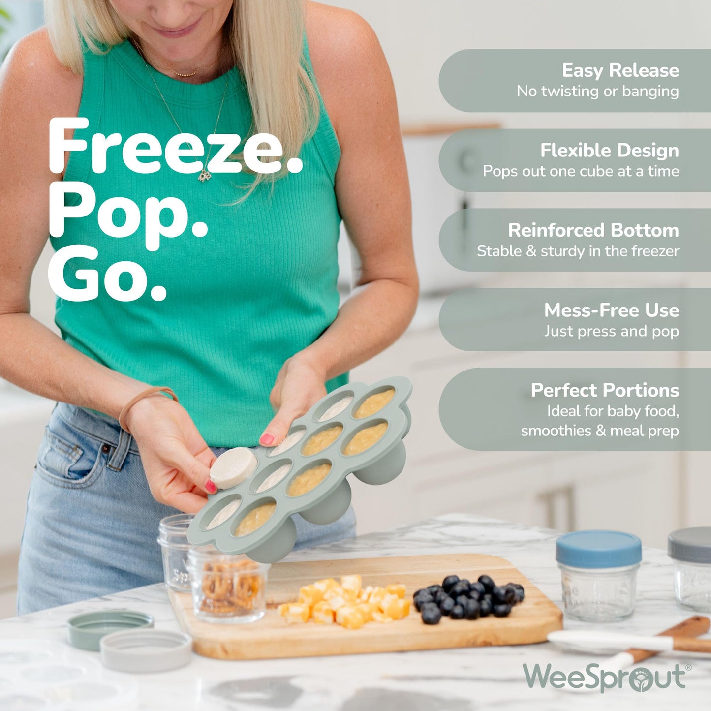 WeeSprout baby food storage tray showing clip-on lid mechanism