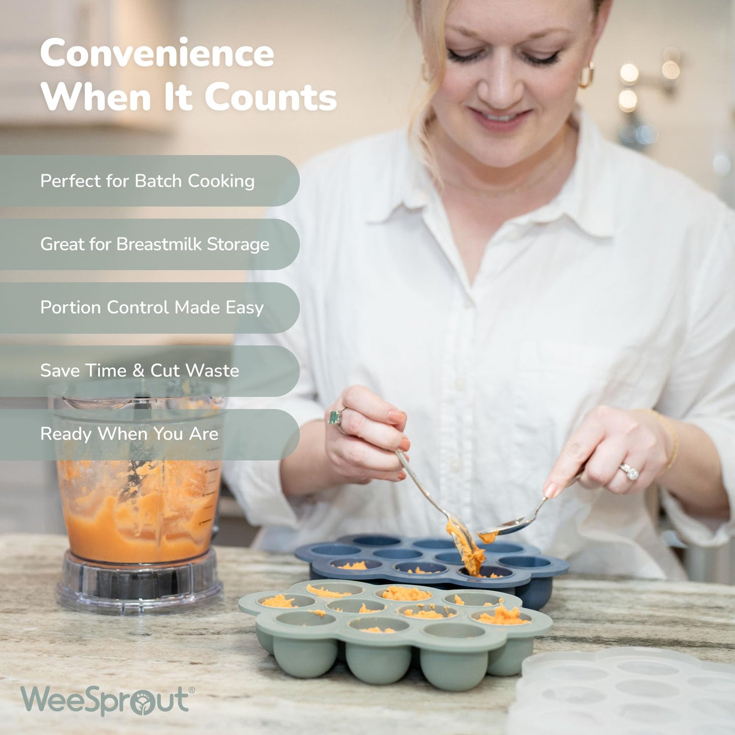 Stacking WeeSprout silicone freezer trays in a home kitchen freezer