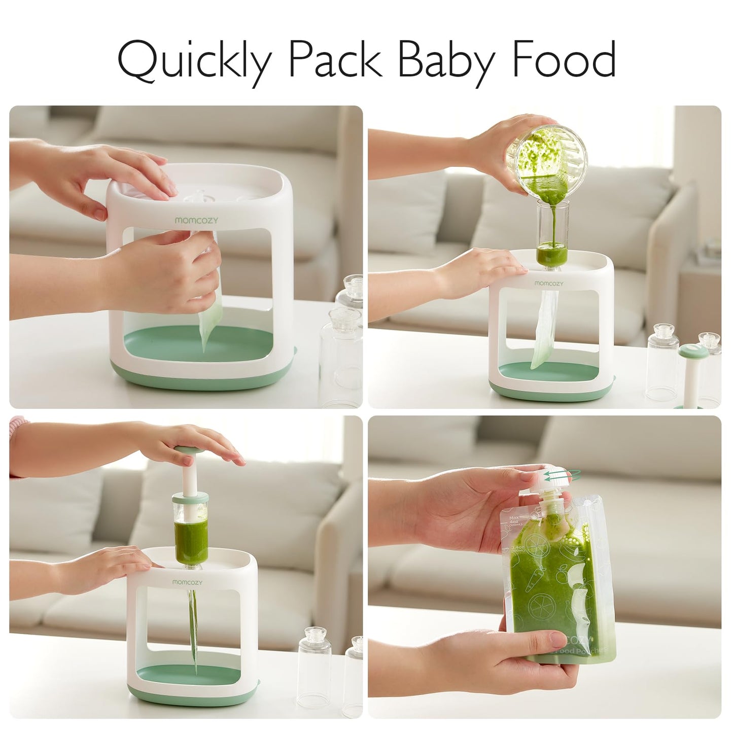 Momcozy squeeze station showing mess-free puree filling