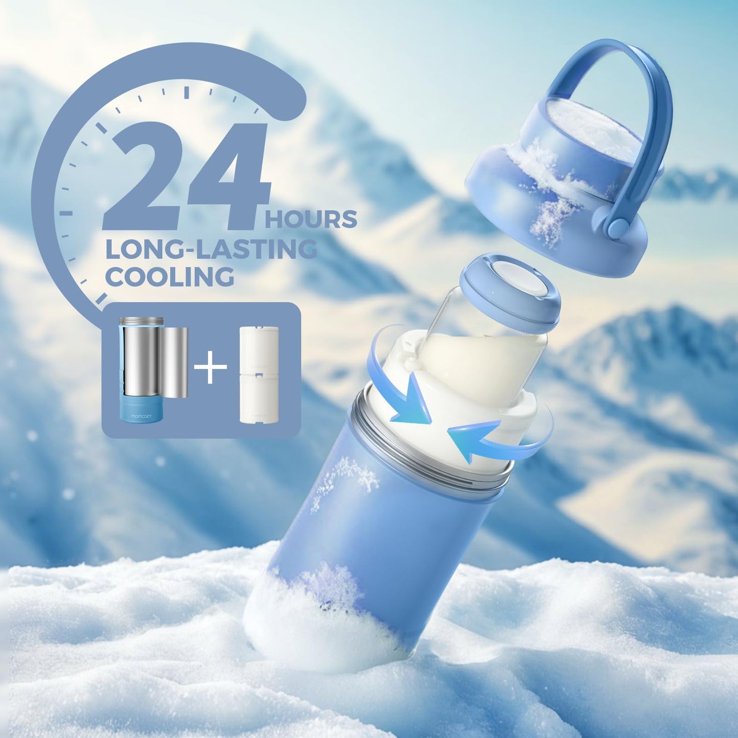 Two Momcozy breast milk storage bottles inside cooler