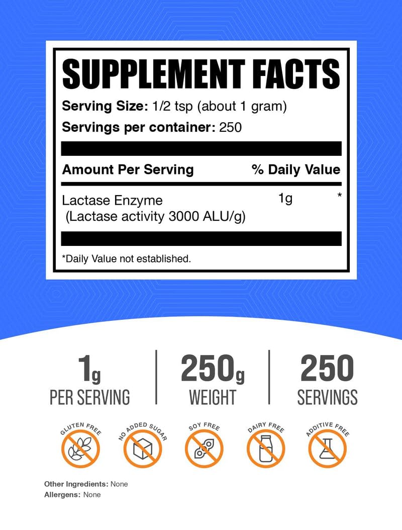BulkSupplements Lactase Enzyme Powder 250 grams packaging displaying product purity and nutritional supplement facts label