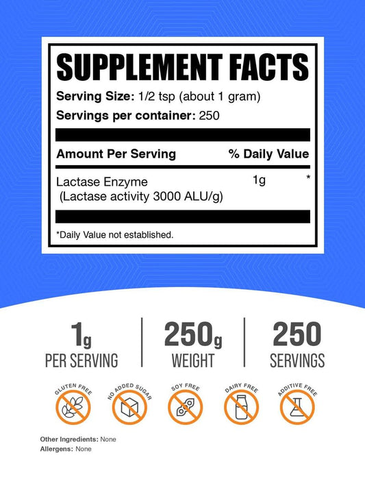 BulkSupplements Lactase Enzyme Powder 250 grams packaging displaying product purity and nutritional supplement facts label