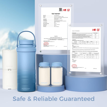 Blue Momcozy breast milk cooler used by a mother outdoors