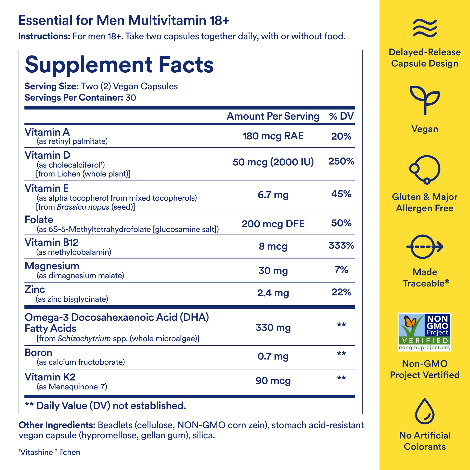Ritual men eighteen plus multivitamin sixty vegan capsules nutritional facts label