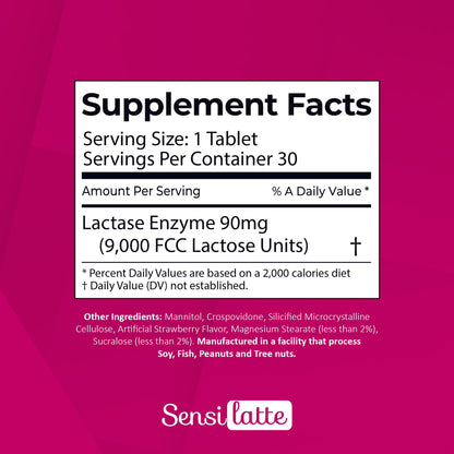 Sensi Latte Lactase Enzyme 9000 FCC strawberry flavor dairy relief supplement top angle view