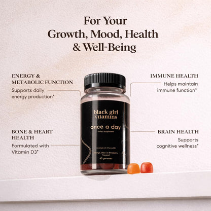 Black Girl Vitamins daily women multivitamin supplement showing vegan and gluten-free certification labels.