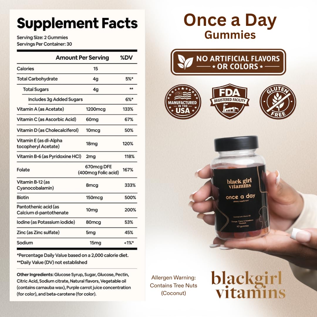 Black Girl Vitamins strawberry flavor multivitamin chewable gummies dietary information panel.