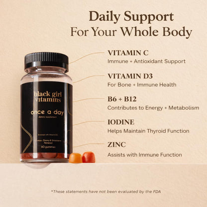 Black Girl Vitamins immune support women multivitamin bottle displaying premium USA imported ingredients.