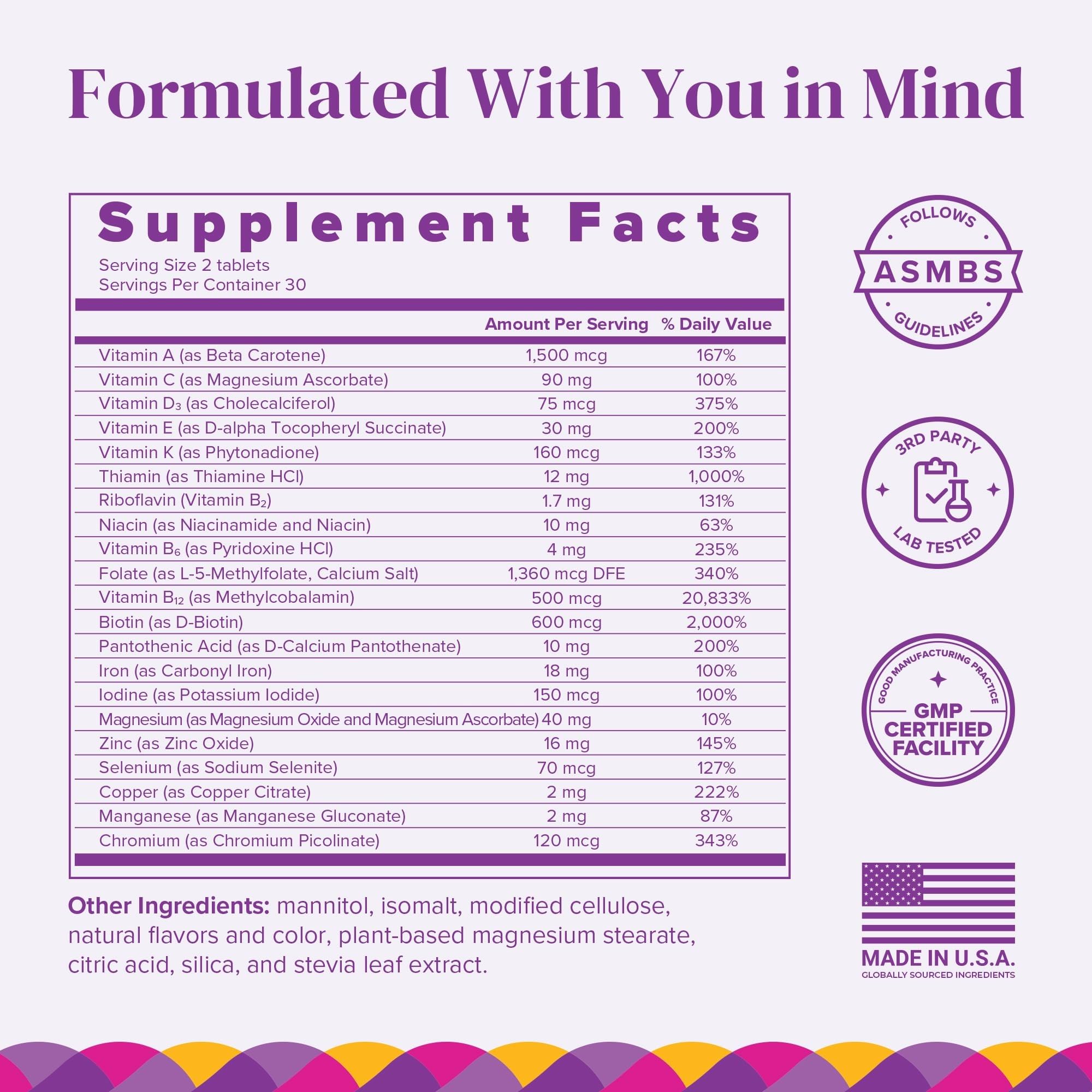 Fast dissolving bariatric multivitamin sugar free tablets natural fruit flavor
