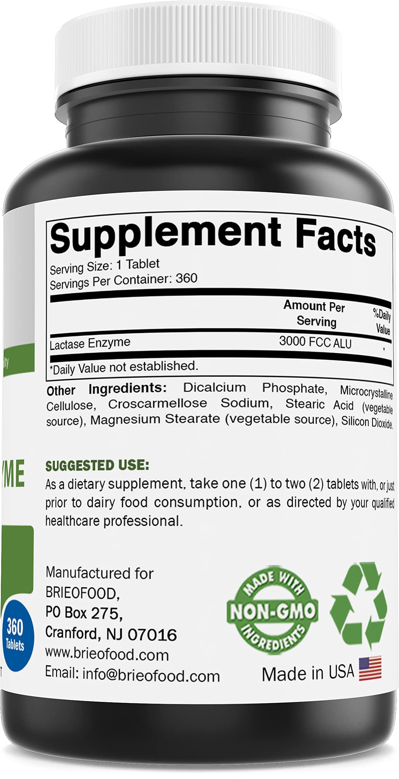 Brieofood Lactase Enzyme bottle showing supplement facts and dairy digestion benefits label side view