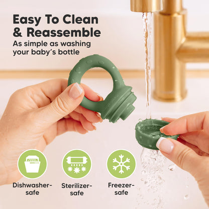 Components of KeaBabies silicone fruit feeder for cleaning