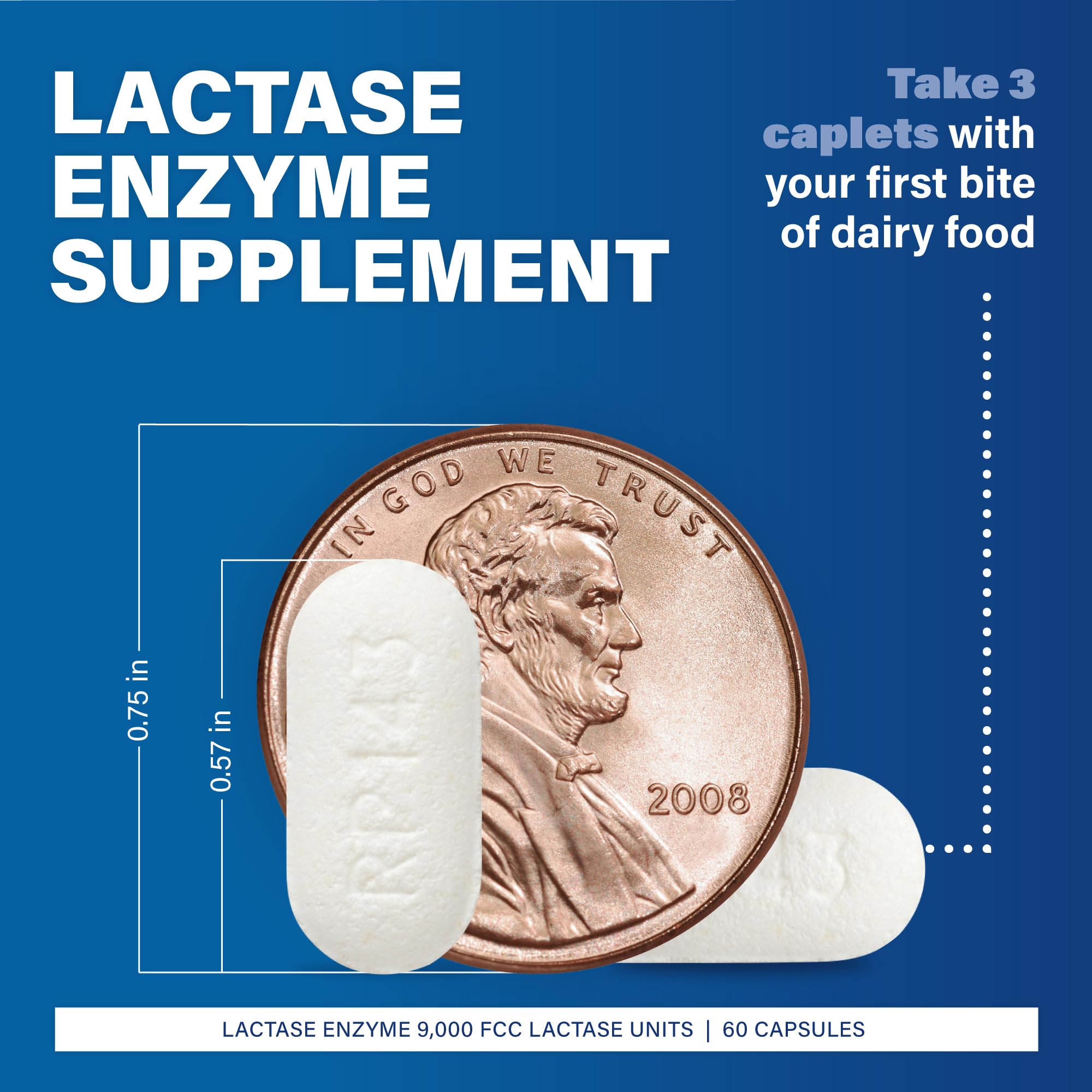 MAJOR Dairy Aid 60 caplets bottle packaging showing supplement facts and active ingredients.