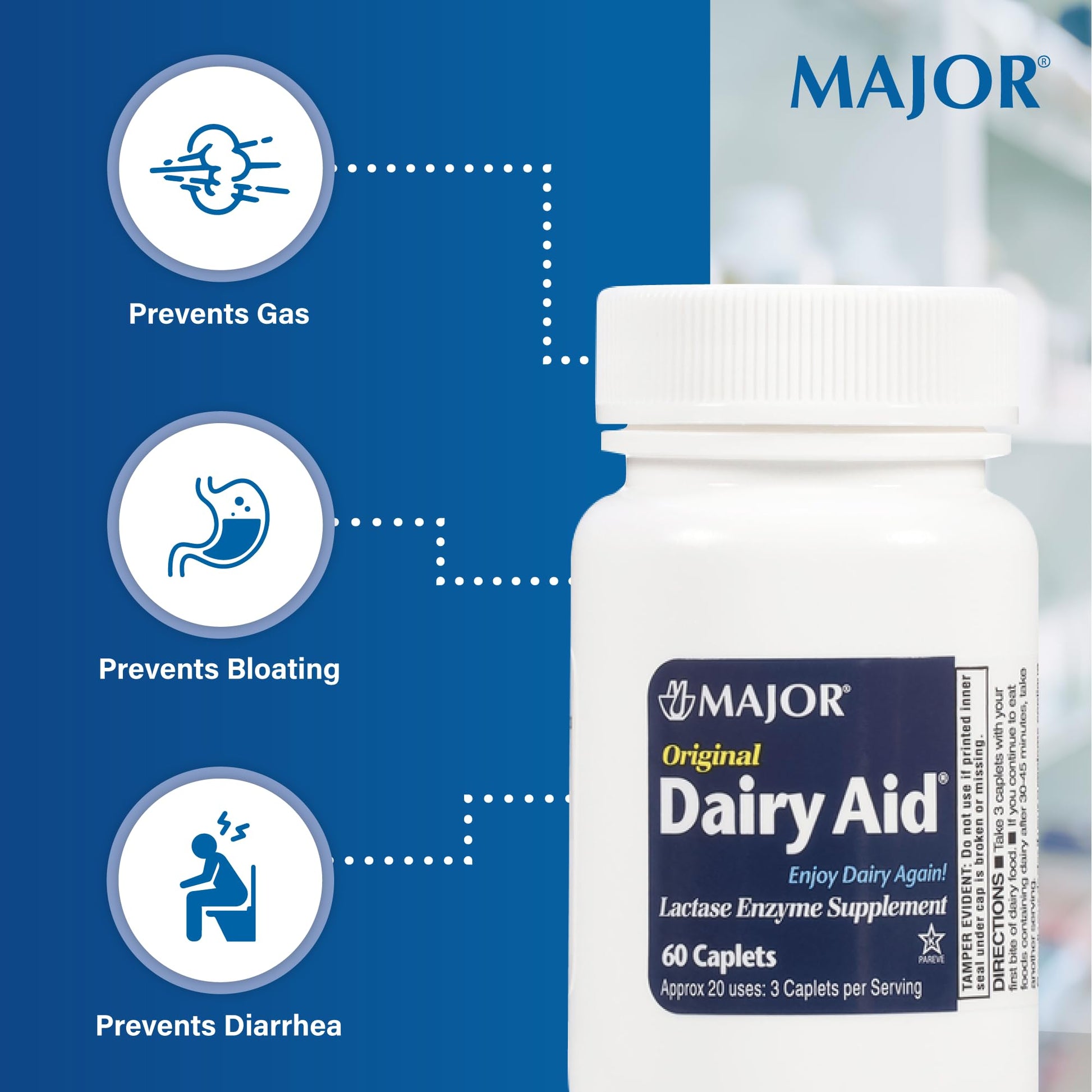Two pack bundle of MAJOR lactase enzyme digestive aid caplets for daily dairy digestion.