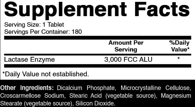 Oxify Lactase Enzyme supplement label showing ingredients, 3000 FCC ALU strength, and 180 tablets count.