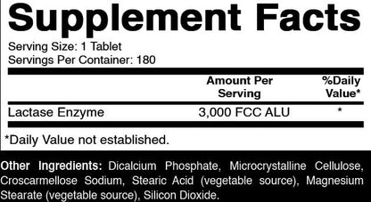 Oxify Lactase Enzyme supplement label showing ingredients, 3000 FCC ALU strength, and 180 tablets count.