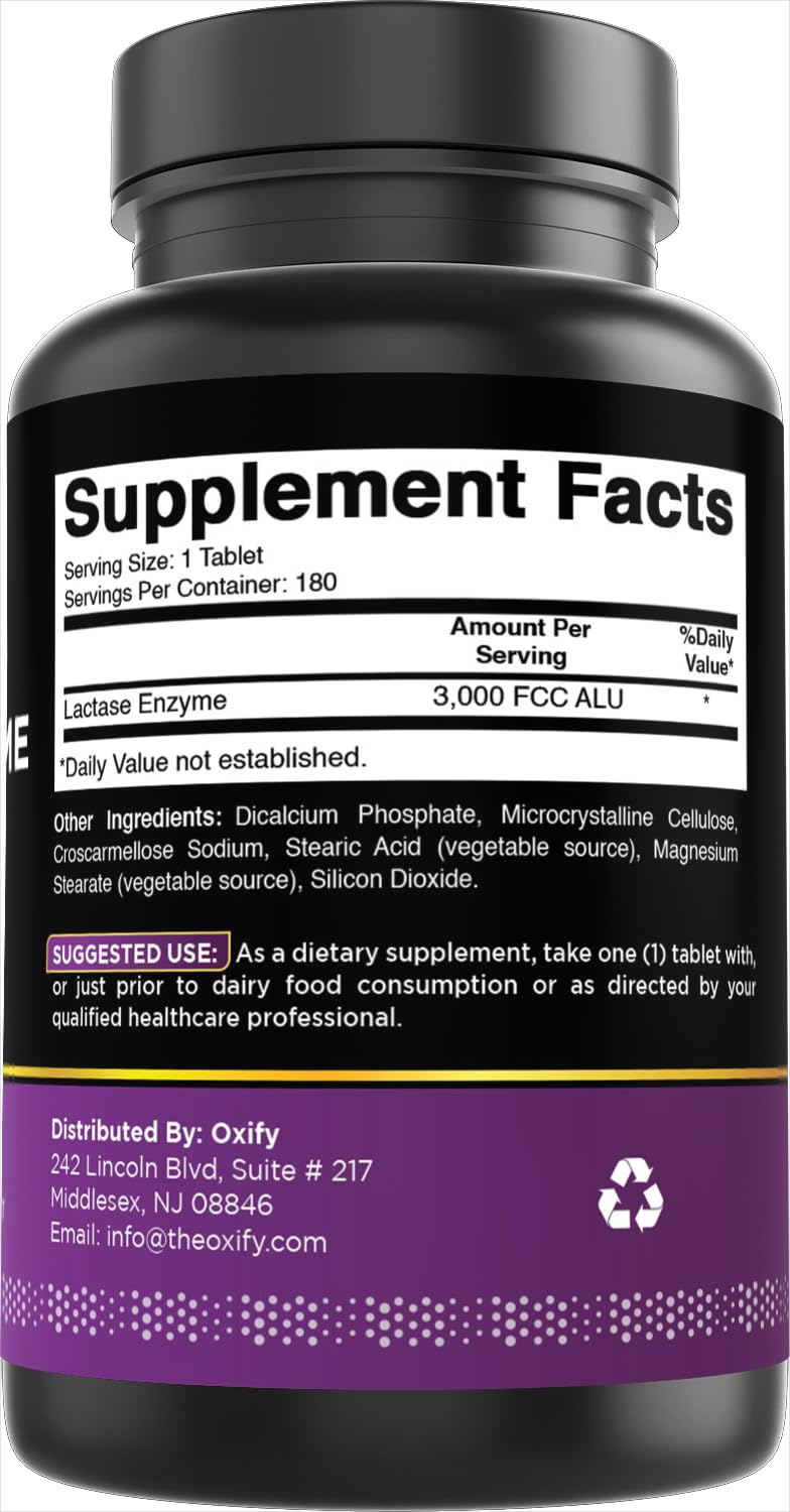 Lactase enzyme 180 tablets dietary supplement bottle shown on a clean retail shelf setup.