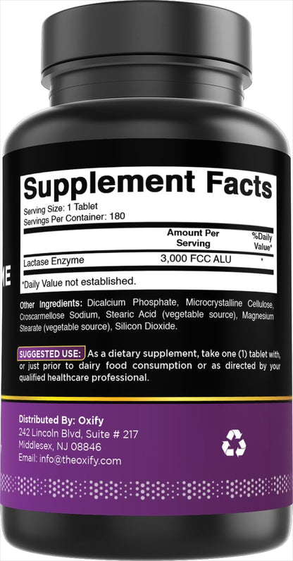 Lactase enzyme 180 tablets dietary supplement bottle shown on a clean retail shelf setup.