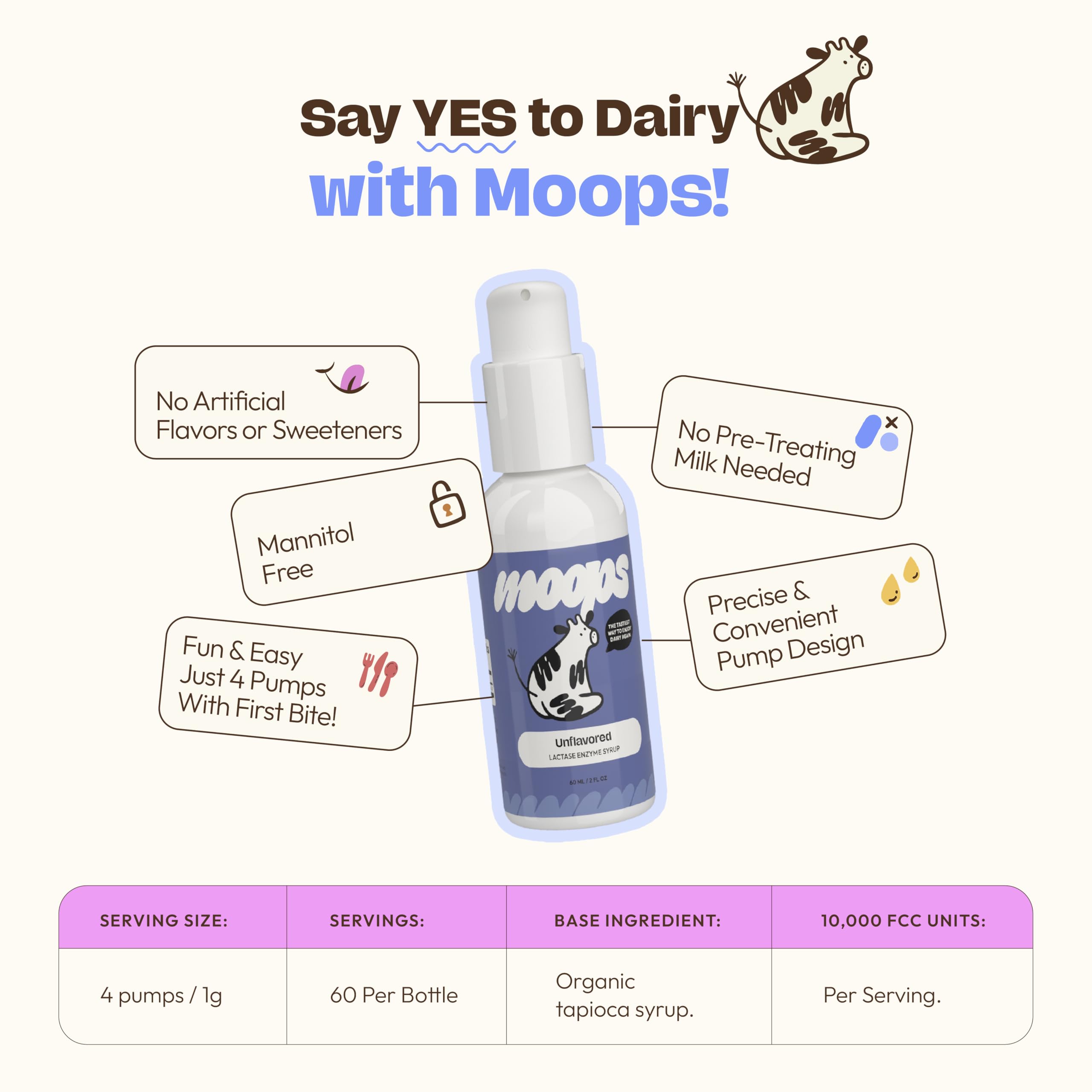 Moops unflavored lactase syrup twist to lock pump close up packaging