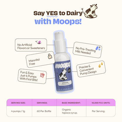 Moops unflavored lactase syrup twist to lock pump close up packaging