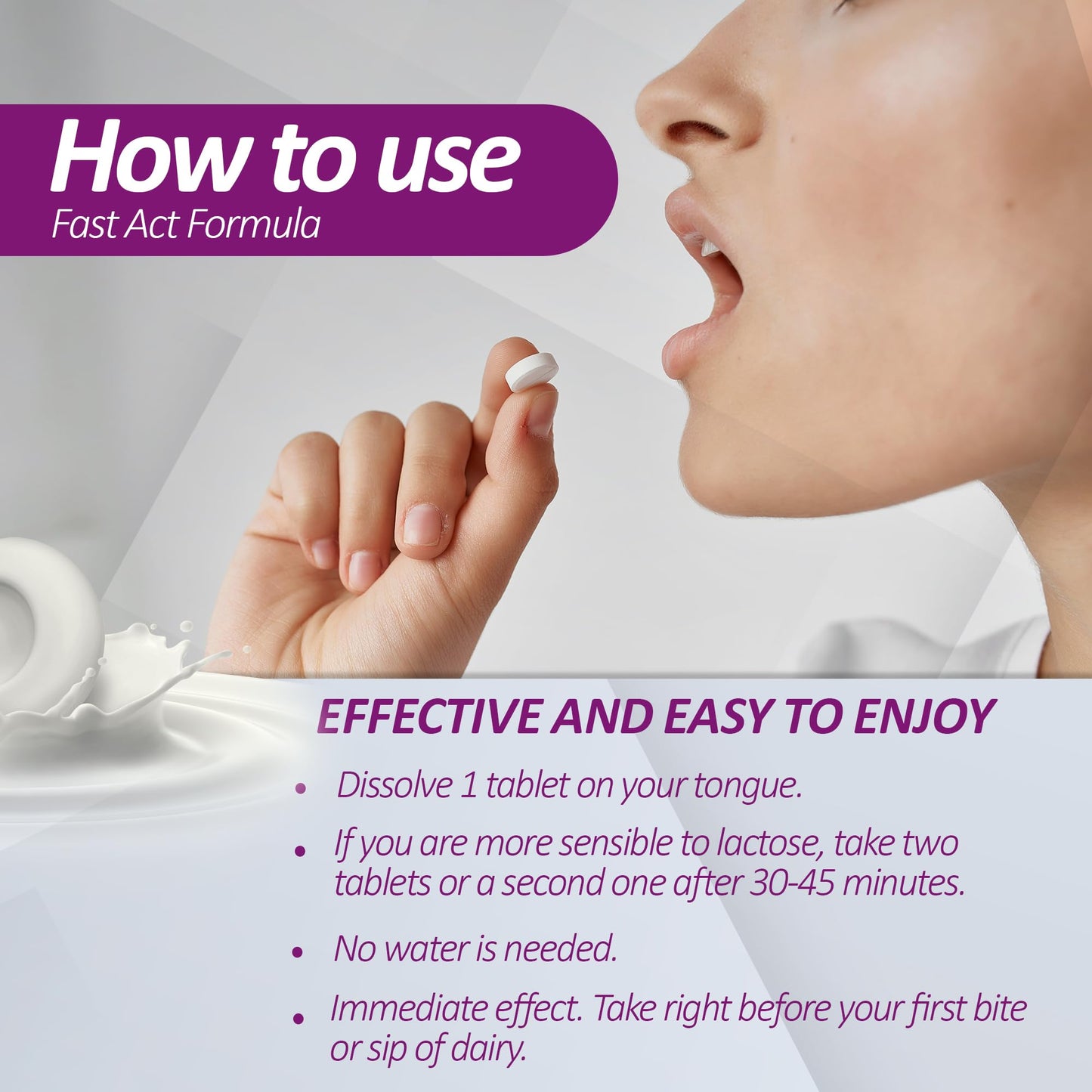 Unflavored 9000 FCC lactase enzyme tablets by SENSI LATTE for lactose digestion support close up