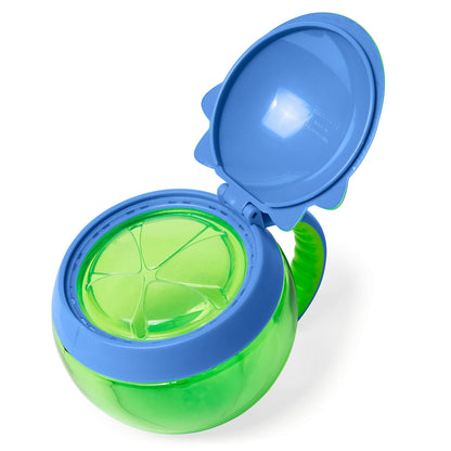 Side view of Skip Hop Dino snack container with easy-grip handle