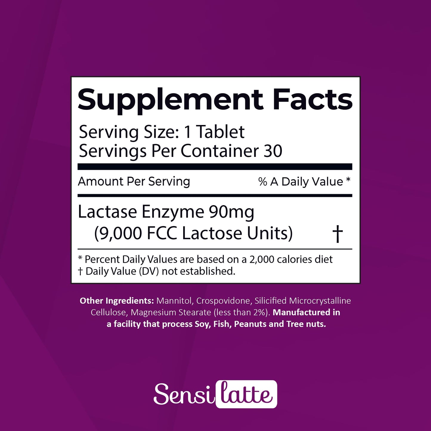 SENSI LATTE dairy digestive supplement 30 count bottle showing clear instructions and usage directions