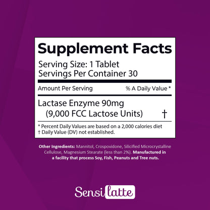 SENSI LATTE dairy digestive supplement 30 count bottle showing clear instructions and usage directions