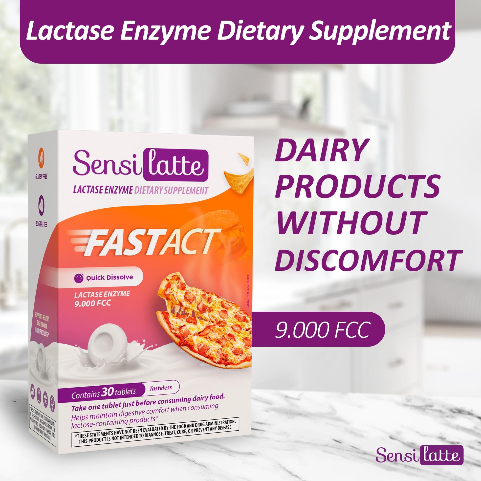 Premium sugar free vegan and gluten free lactase enzyme 9000 FCC digestive aid product display