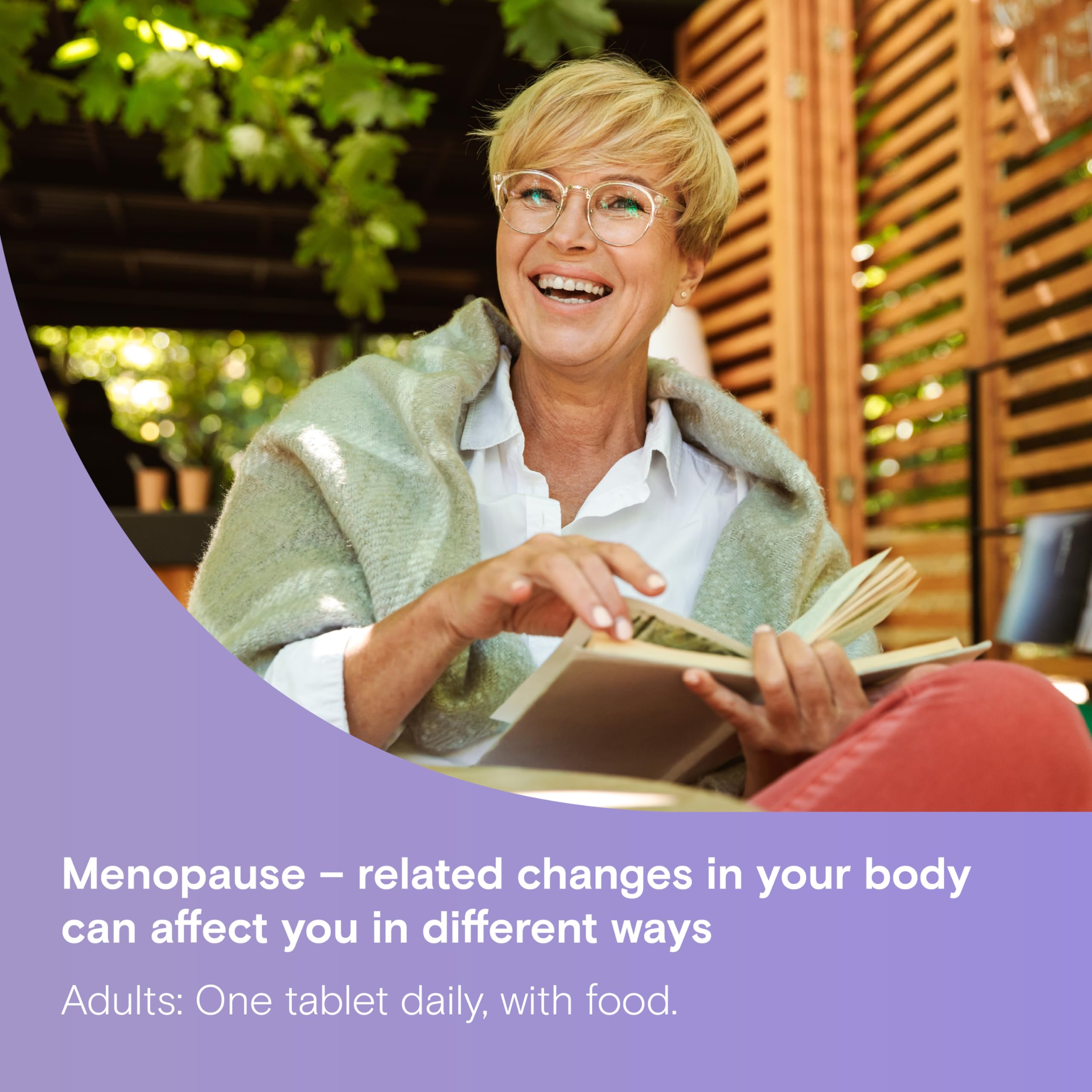 Side view of One A Day Women's Menopause multivitamin bottle highlighting bone health benefits