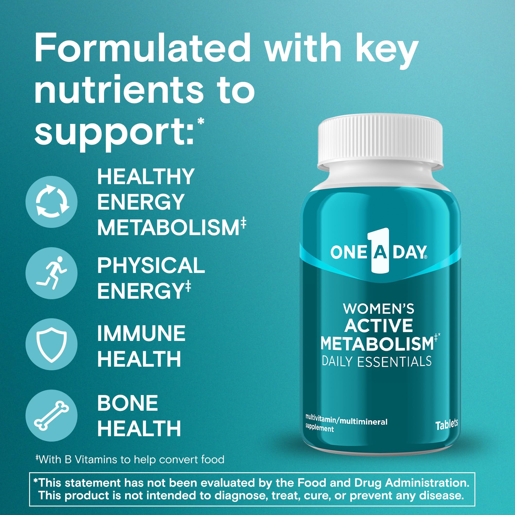 Side angle of One A Day women's dietary supplement highlighting the ingredient label and nutritional facts panel.