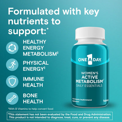 Side angle of One A Day women's dietary supplement highlighting the ingredient label and nutritional facts panel.