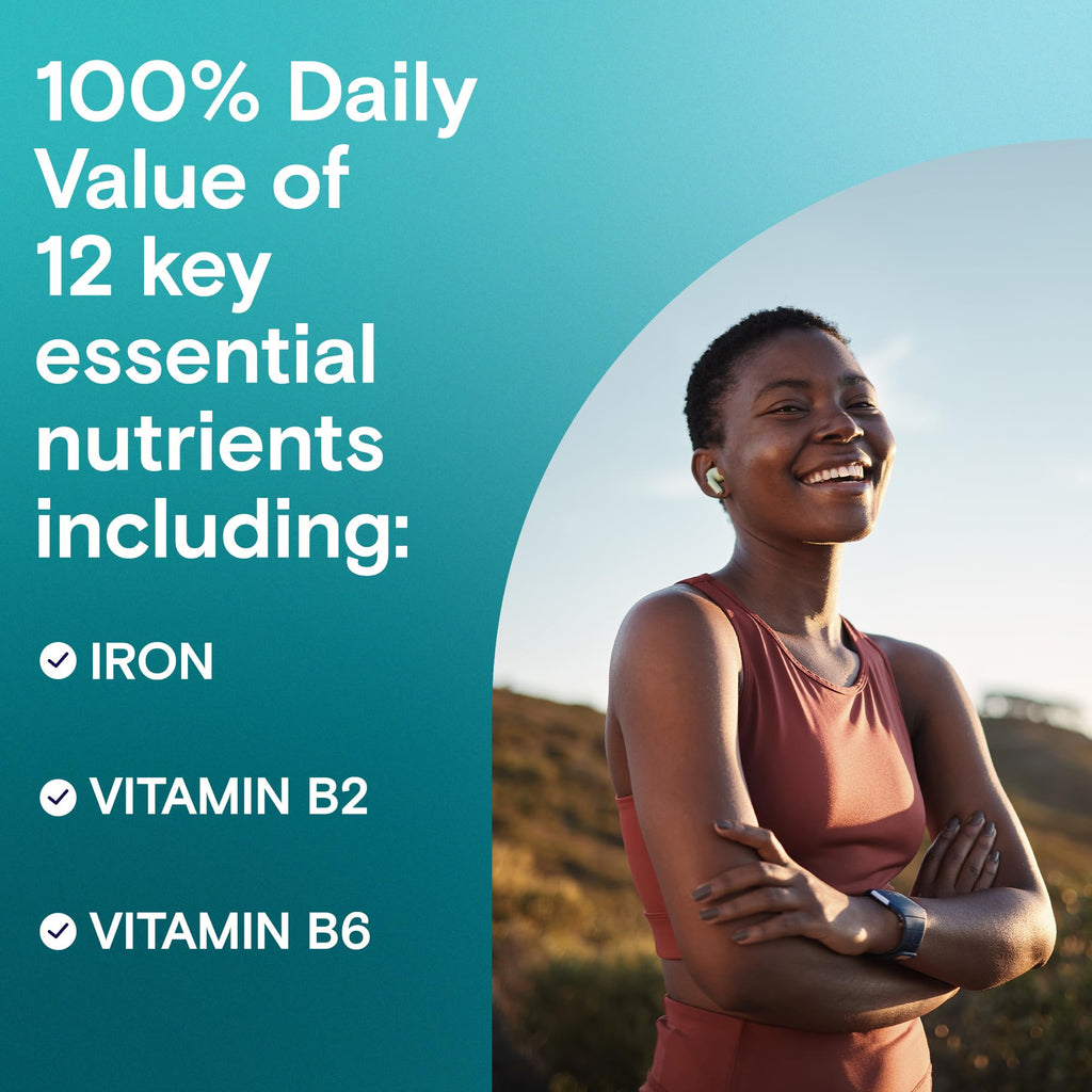 Close up of One A Day 120 tablet bottle highlighting key B vitamins and magnesium