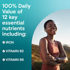 Close up of One A Day 120 tablet bottle highlighting key B vitamins and magnesium