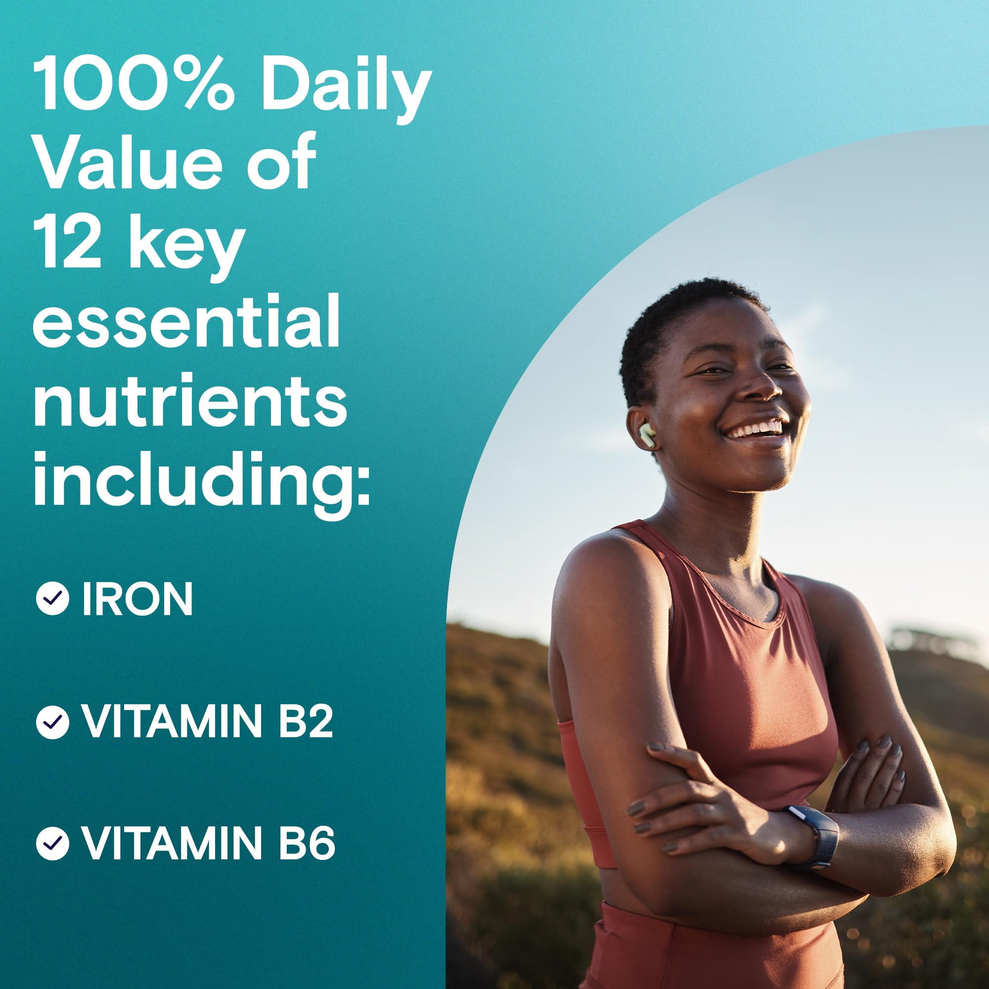Close up of the imported One A Day metabolism support supplement bottle focusing on the product benefits text.