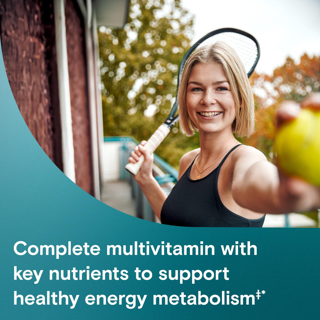Side profile view of One A Day women multivitamin packaging and ingredient highlights
